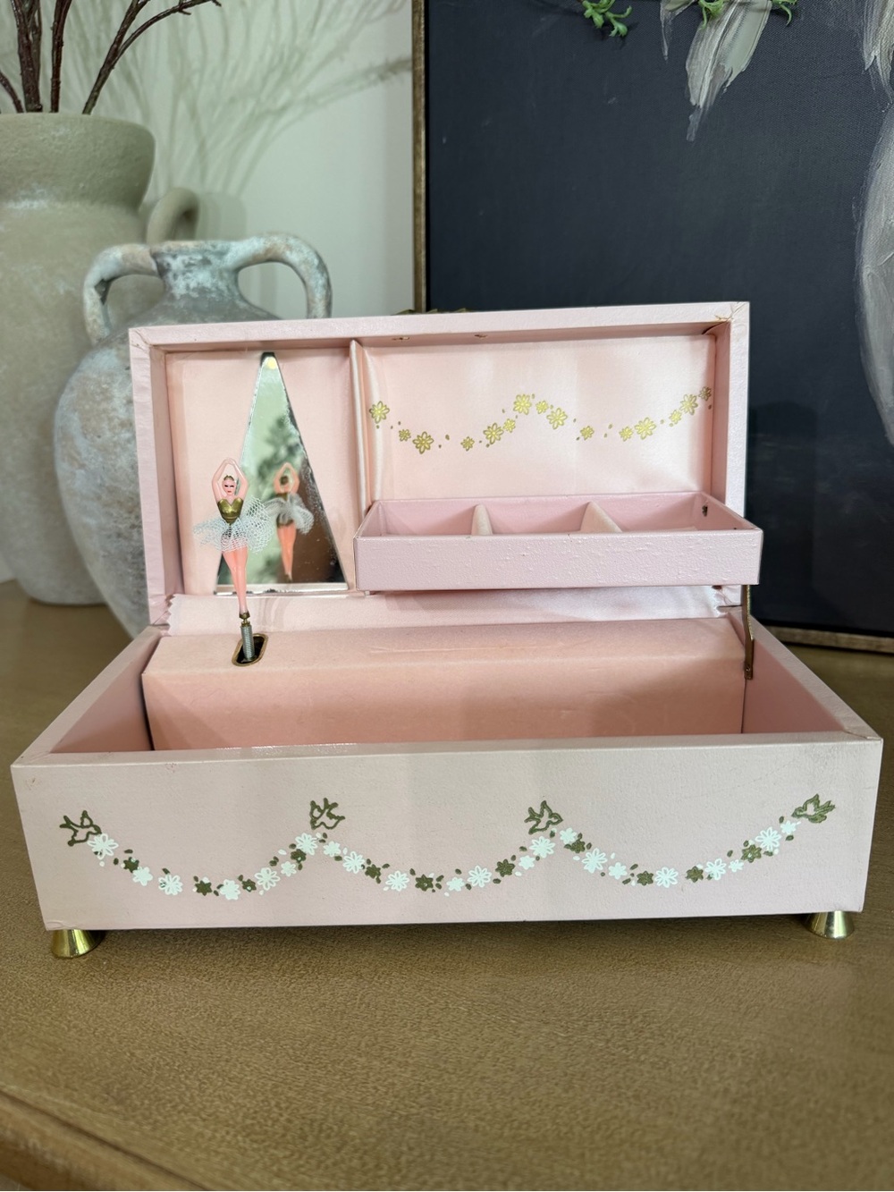 Vintage MELE Pink Musical Ballerina Jewelry Box Working Mirror Floral